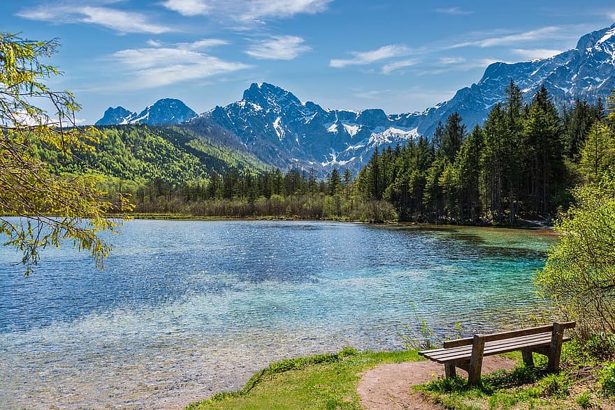 Mountains, Lake, Bench, Park, Water, Trees, Mountain Range, Nature, Scenery, Scenic, Bergsee