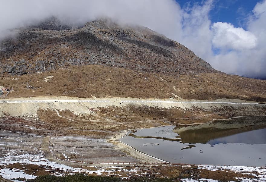 езеро, планина, Хималаи, замръзнал, снеговалеж, студ, снежно, граница, Индия, Аруначал