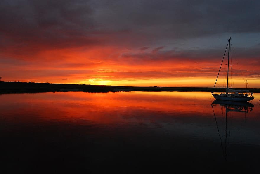 båd, skib, solnedgang, afspejling, horisont, solopgang, daggry