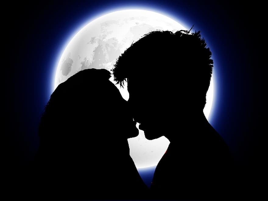 casal, amantes, lua, beijo, afeição, romântico, cena, atmosfera, fantasia, céu, silêncio