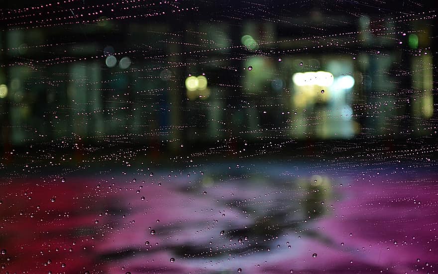 Raindrops, Glass Window, City, Night