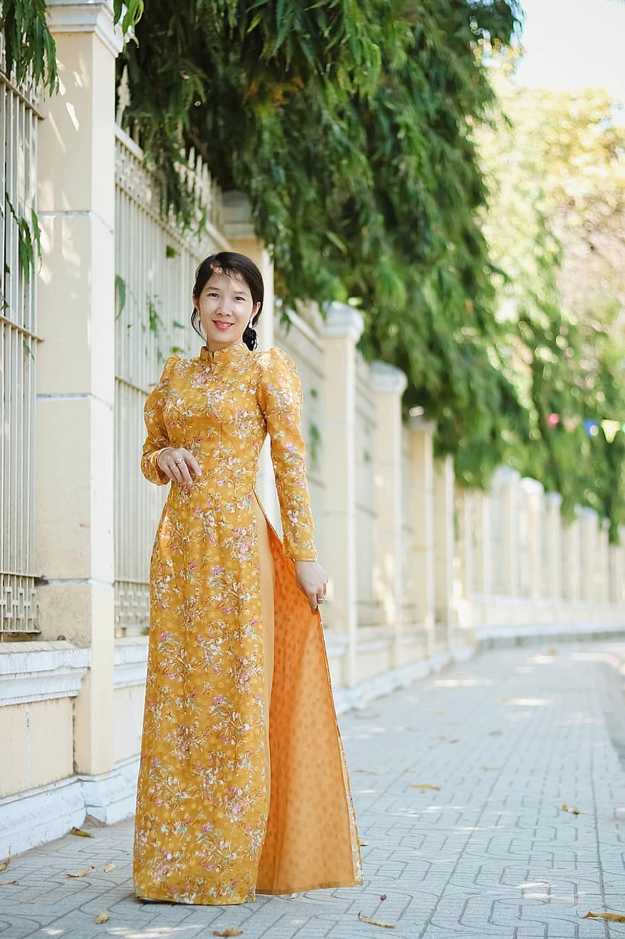 ao dai, mada, moteris, vietnamiečių, Vietnamo nacionalinė suknelė, tradicinis, gražus, šypsena, mergina, kelia, modelis