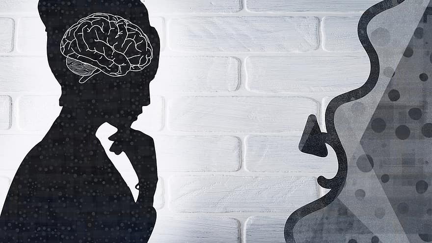 cerveau, femelle, en pensant, silhouette, esprit, psychologie, Humain, la personne, femme, adulte, mur de briques