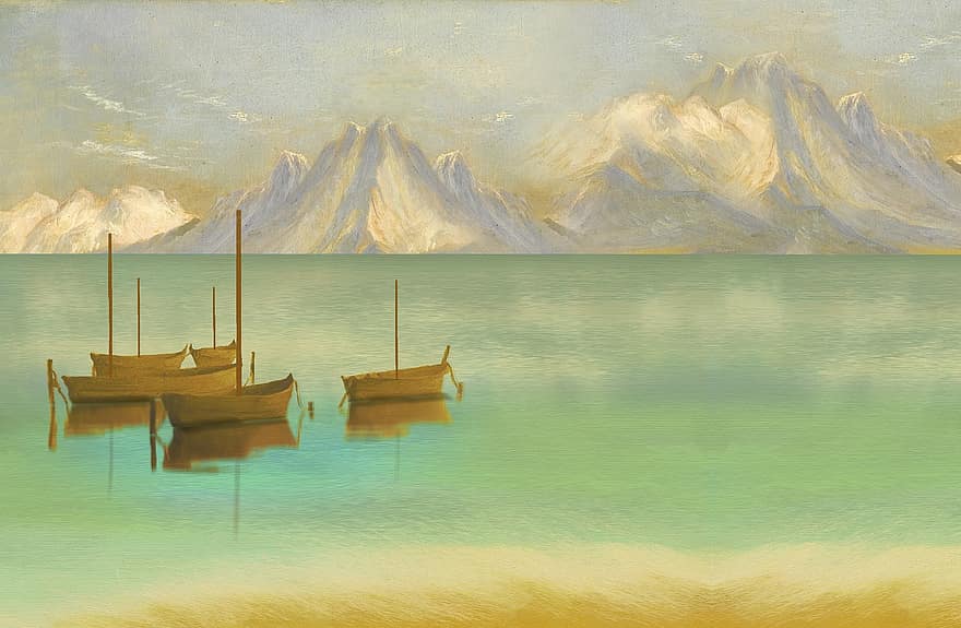lukisan, artistik, pemandangan, kesenian, lukisan air, kanvas, seni, perahu, laut, danau
