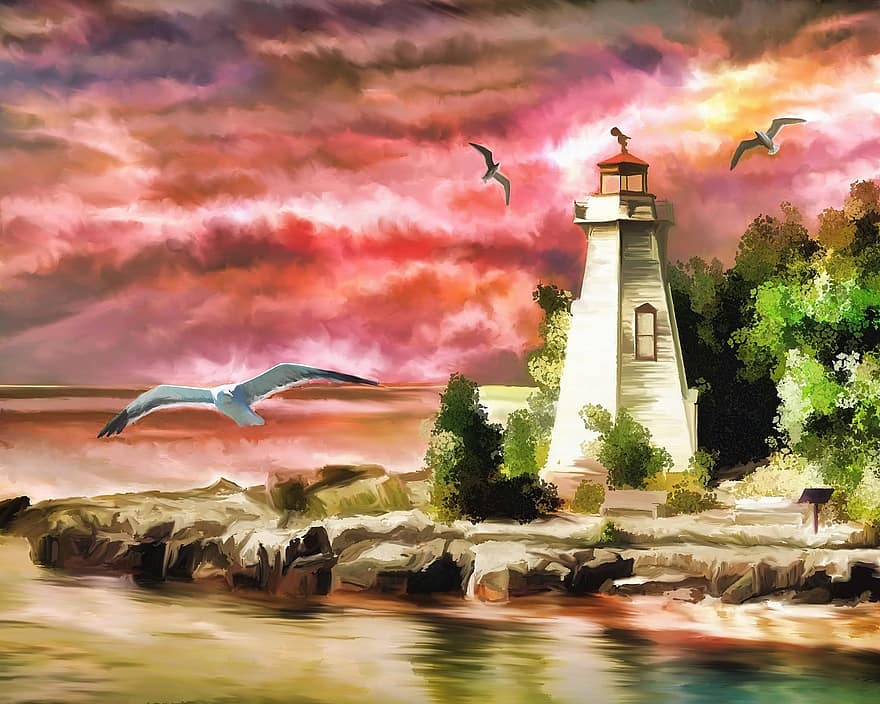 Lighthouse, Ocean, Sunset, Seagulls, Coast, Beacon, Shore, Landscape, Scenic, Coastline, Seascape