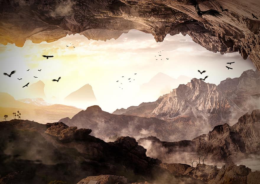 jaskinia, góry, ptaki, światło słoneczne, mgła, chmury, latające ptaki, szczyt, grota, pasmo górskie, górzysty