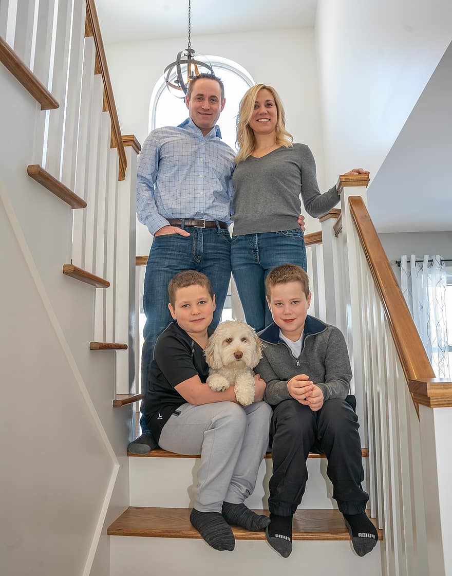 Family, Portrait, Staircase, Pet, Dog, Love, Together, Indoors, men, child, smiling