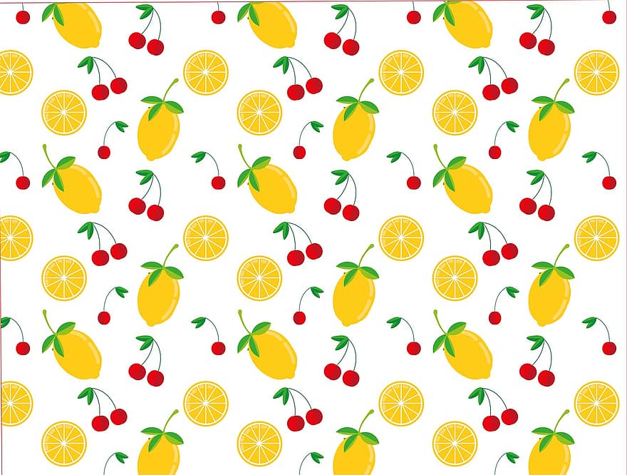 Zitrone, Kirsche, Muster, Obst, Lebensmittel, Zitrusfrüchte, dekorativ, nahtlos, Hintergrund