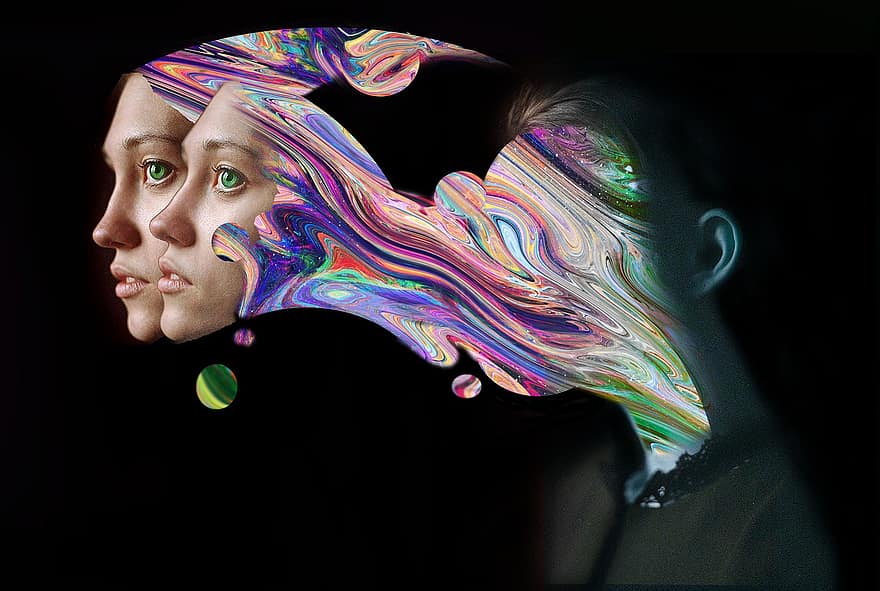 portre, psychedelic, Kadın, profil, yüz, kız, kadın, renkli, gerçeküstü