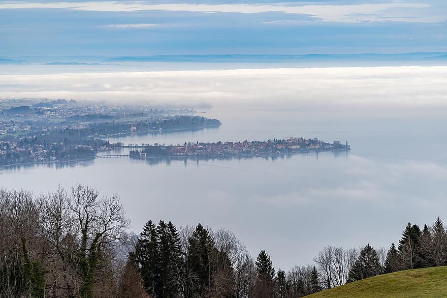 lago di Costanza, Lindau, isola, paesaggio, nebbia, nuvole, blu, acqua, nube, cielo, viaggio