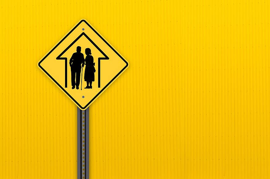 Road Sign, Seniors, Retirement, Yellow, Background, Copy Space, Street Sign, Aged, Elderly, Protection, Care