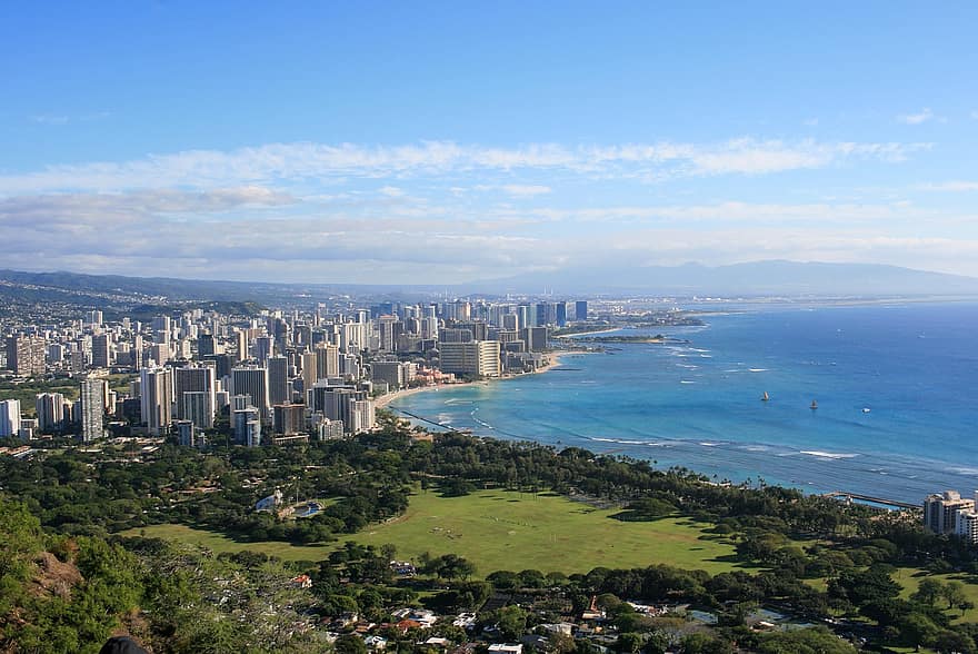 stad, hawaii, waikiki, honolulu, oahu, hav, byggnader, arkitektur, natur, resa