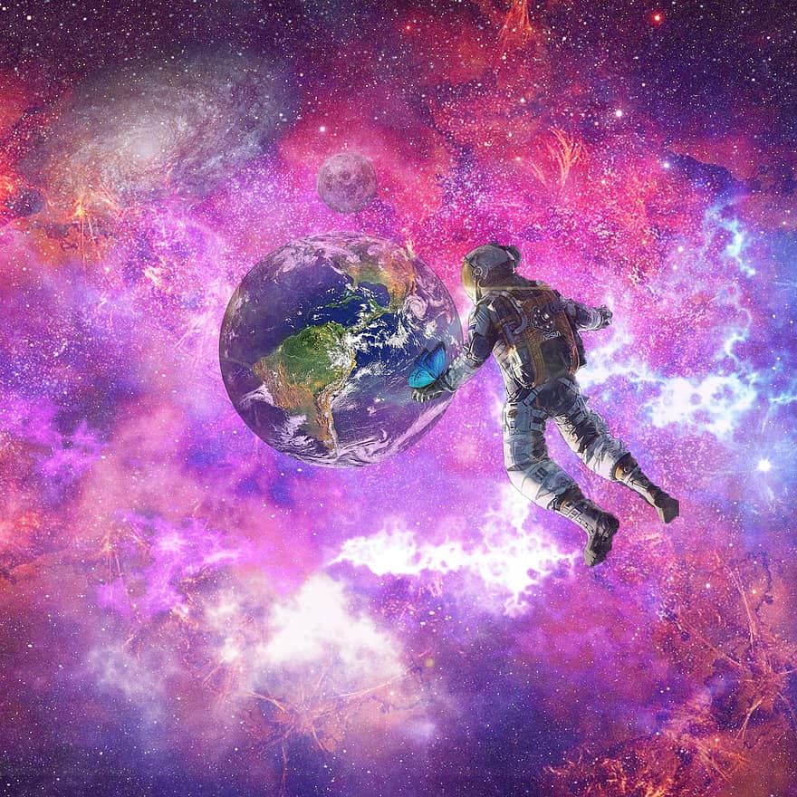 astronaut, Pământ, spaţiu, planetă, univers, fantezie, astronomie, glob, nasa, lună, astronautică