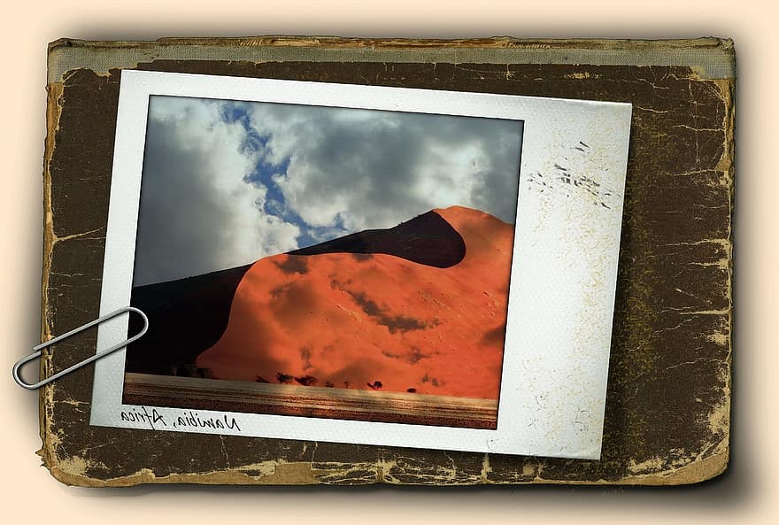 sanddyne, namibia, Afrika, rød, gammel ramme, antikk, digital kunst, kunstverk, polaroid bilde, skyet, digital manipulasjon
