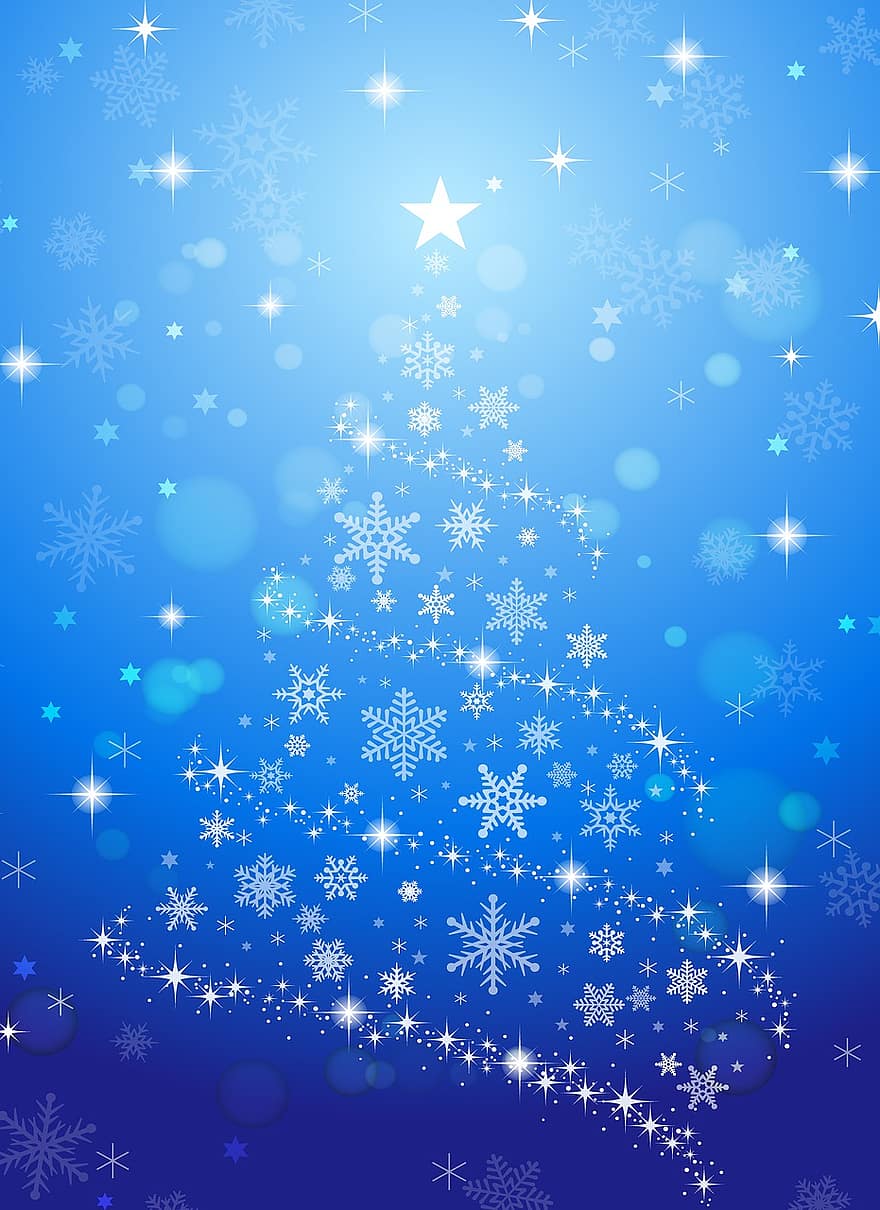 коледна елха, коледна картичка, Светещи сини светлини, Коледа, украса, идване, зима, сняг, дърво, звезда, снежинки