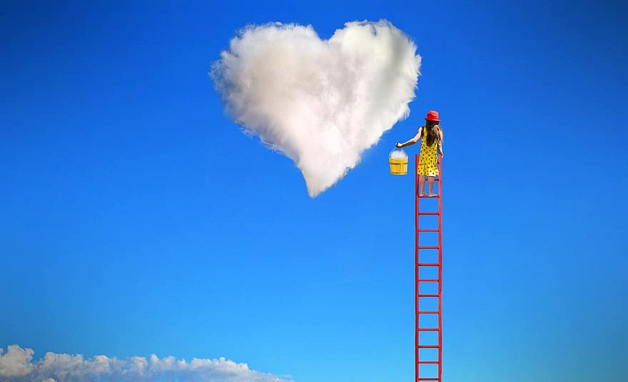tangga, awan, jantung, hari Valentine, kartu ucapan, keberhasilan, laki-laki, biru, pendudukan, bergerak naik, langit