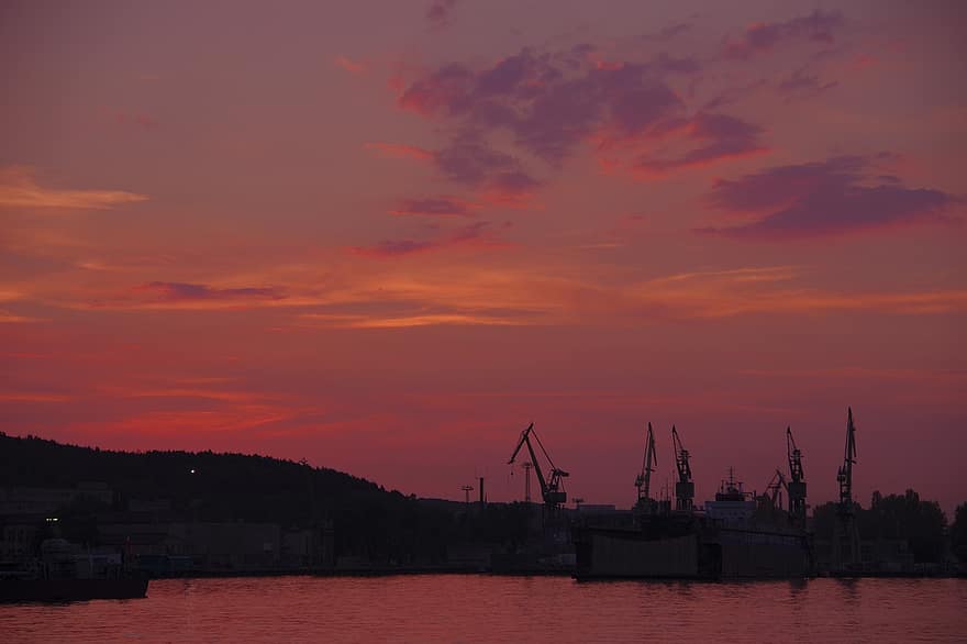 le coucher du soleil, mer, chantier naval, ciel