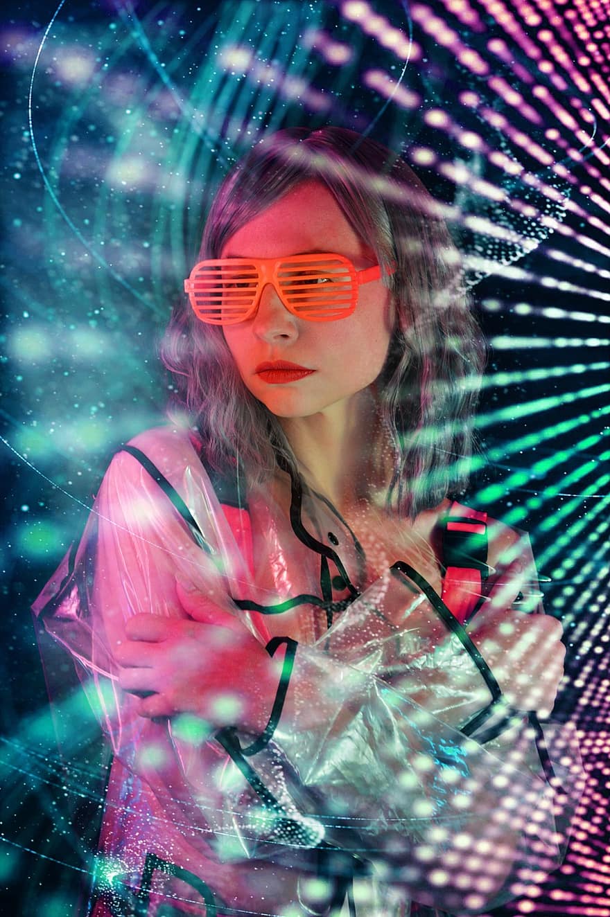 kvinna, glasögon, neon, trogen, framtida, lampor, strålar, futurism, cyber punk, fiktion