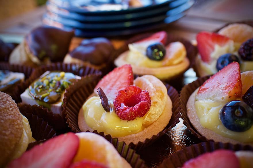 bagværk, sød, mad, frugt, fløde, chokolade, fest, lækker, velsmagende, cupcake, jordbær