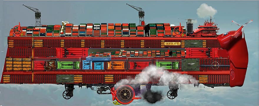 dirižablis, steampunk, fantāzija, Dīzeļpanks, Atom Punk, zinātniskā fantastika, nozare, kravas konteiners, transportēšana, kravu pārvadājumi, kuģniecība