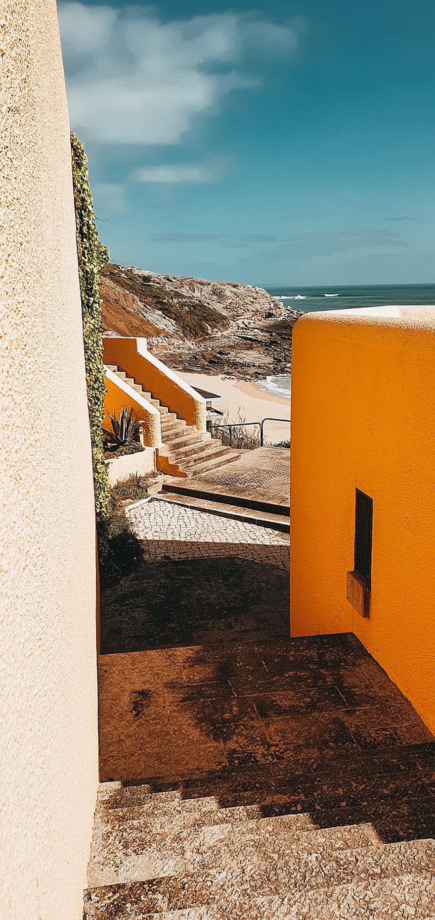 лестница, здания, пляж, песок, океан, путешествовать, туризм, природа, Португалия, архитектура