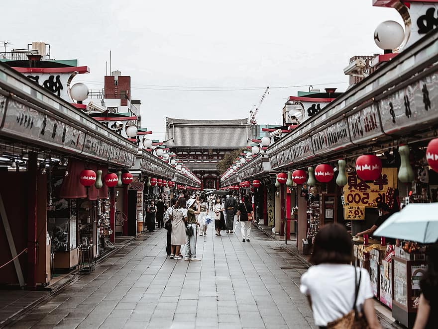 tempel, gade, vej, butikker, mennesker, menneskemængde, kultur, japan