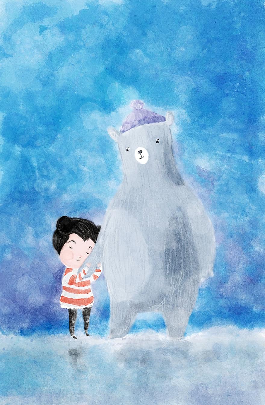Illustration, A Bear, Girl, Friendship, Winter