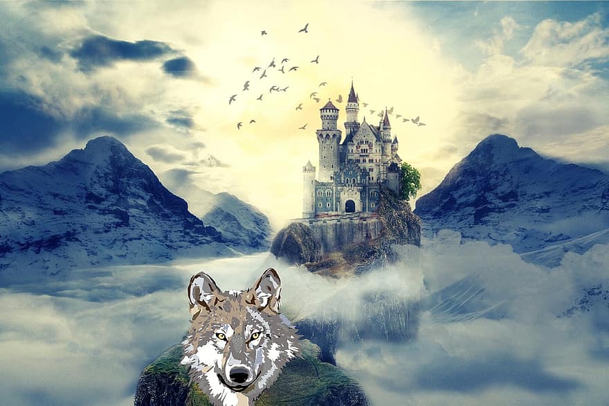 фон, фантазія, вовк, замок, загадковий, загадковість, світанок, цифрове мистецтво