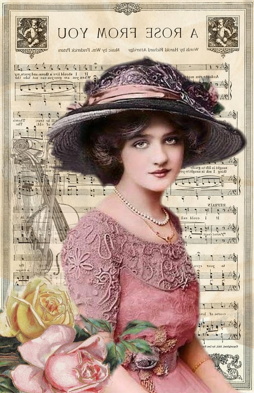 vintage, wanita, topi, Kolase Merah Muda, mawar, buket mawar, dihiasi, seni, kertas, gadis muda, undangan