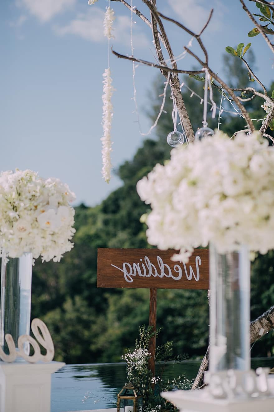 mariage, décoration, fleurs, signe, réglage de la table, élégant