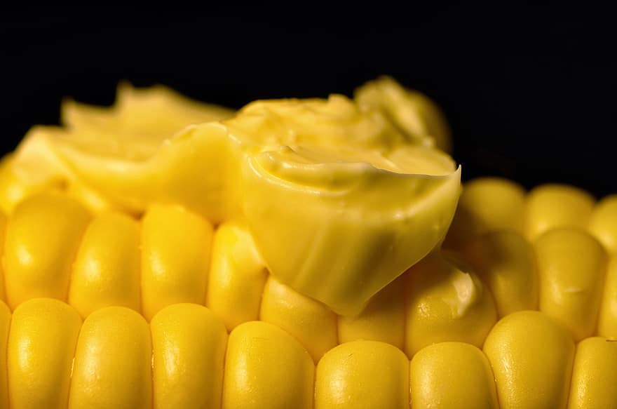 Mais, Butter, Lebensmittel, Maiskolben, Gemüse, frisch, produzieren, köstlich, lecker, Nahansicht, Gelb