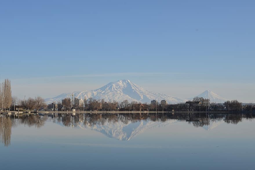 Lac, Montagne, monter, pays, côte, rive, village, réflexion, Mount Ararat, Erevan, Vardavar