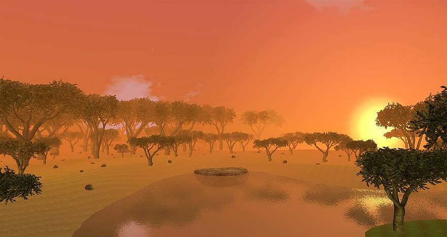 copac, camp, natură, copaci, cer, Africa, răsărit, apus de soare, 3 dimensionale, portocal, portocaliu răsărit