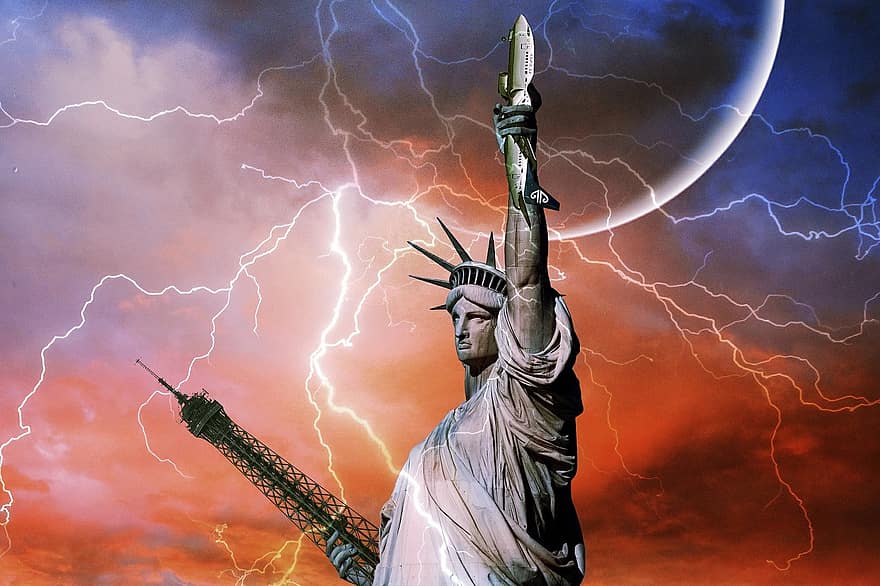 άγαλμα της ελευθερίας, Νέα Υόρκη, Ηνωμένες Πολιτείες, μνημείο, πόλη, ανεξάρτητος, δάδα, ορόσημο, αεροσκάφος, απογείωση, ουρανός