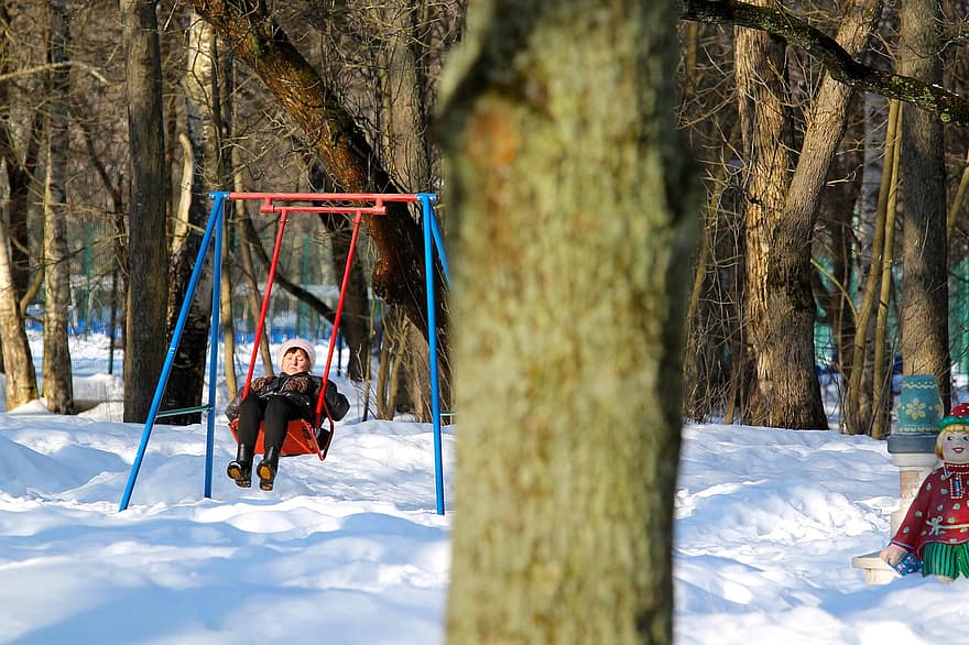 свинг, настроение, зима, пейзаж, парк, природа, на открытом воздухе, снег, дерево, веселье, ребенок