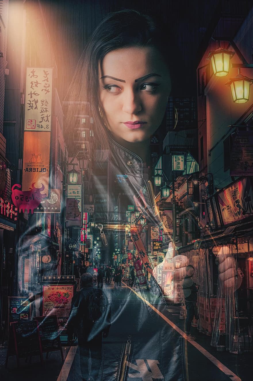 Japón, noche, mujer, tokio, exposicion doble, adulto, una persona, adulto joven, trabajando, tecnología, vida en la ciudad