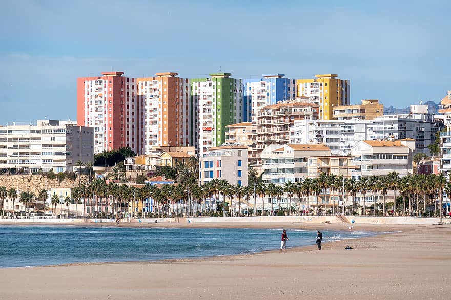 pláž, moře, budov, villajoyosa, Španělsko, město, architektura, cestovat, písek, letní, prázdnin