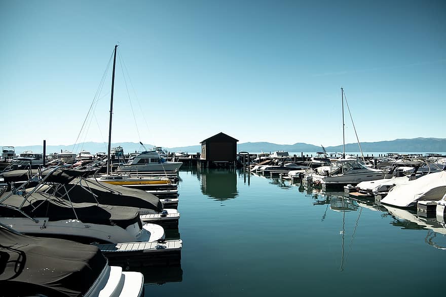 lago, porta, Barche, riflessione, acqua, porto, yachts, Tahoe, California
