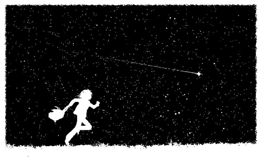 небе, нощ, падаща звезда, мечта, приказка, космос, тичам, живопис, карикатура, Черно и бяло, Черен анимационен филм