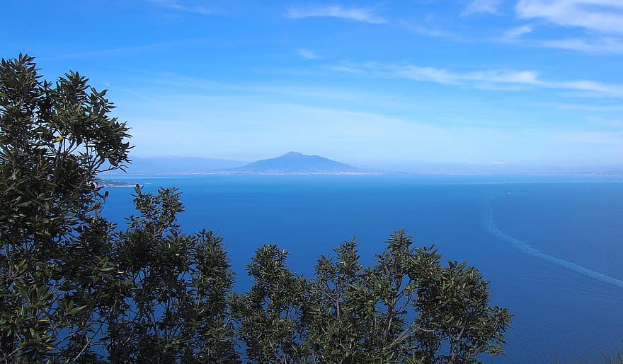 Zeezicht, driekwartsbroek, zee, oceaan, golf van Napels, vulkaan, Italië, mount Vesuvius
