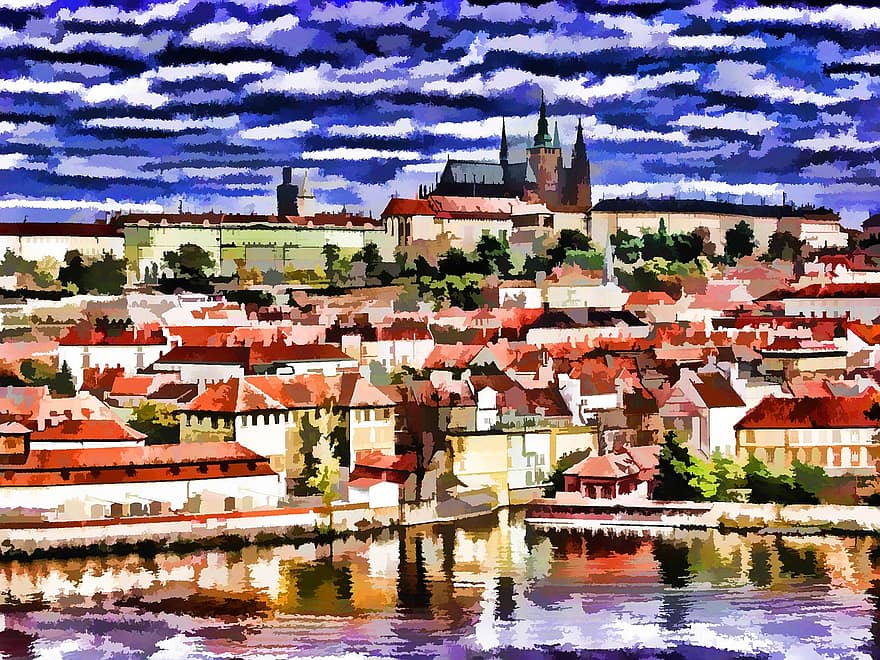praga, paisaje urbano, artístico, castillo, checo