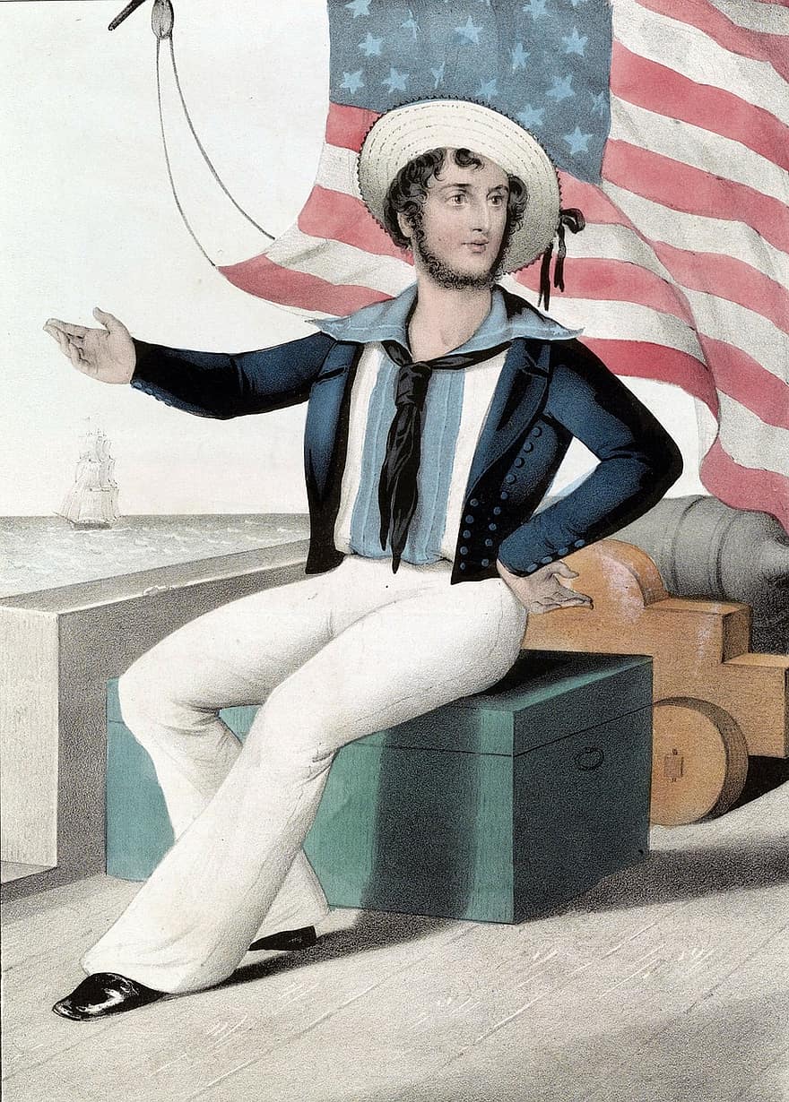 Sailor, Tar, Jack Tar, American, Old, Vintage, Print, Art, Flag, Colorful, Sitting