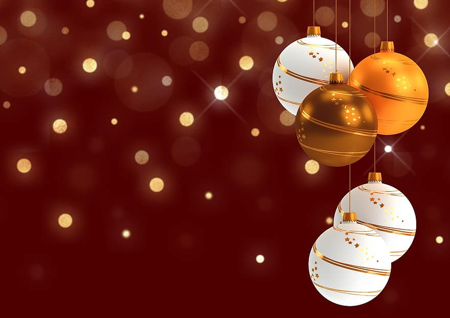 クリスマスモチーフ、クリスマスカード、Christbaumkugeln、ボケ、クリスマス、ボール、ノーブル、装飾的な、白、ゴールド、フォント