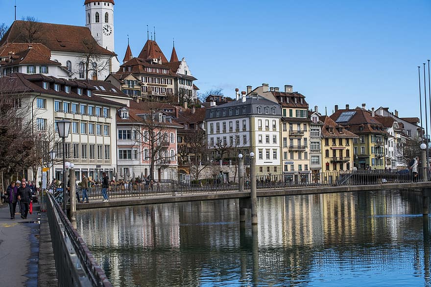thun, πόλη, Ελβετία, χειμώνας, κανάλι, διάσημο μέρος, αρχιτεκτονική, αστικό τοπίο, εξωτερικό κτίριο, ιστορία, πολιτισμών