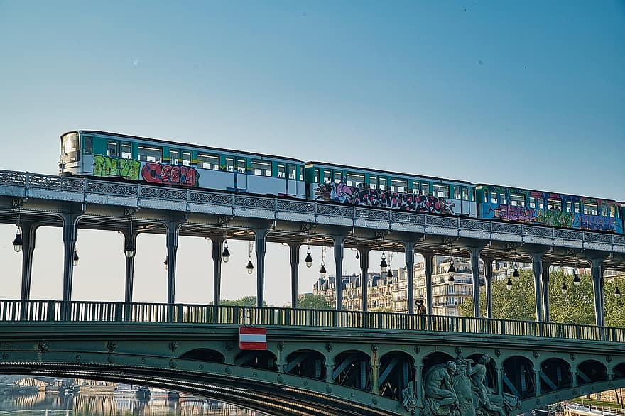 Parijs, viaduct, brug, spoorweg, trein, metro, vervoer-, pijlers, structuur, stedelijk, stad