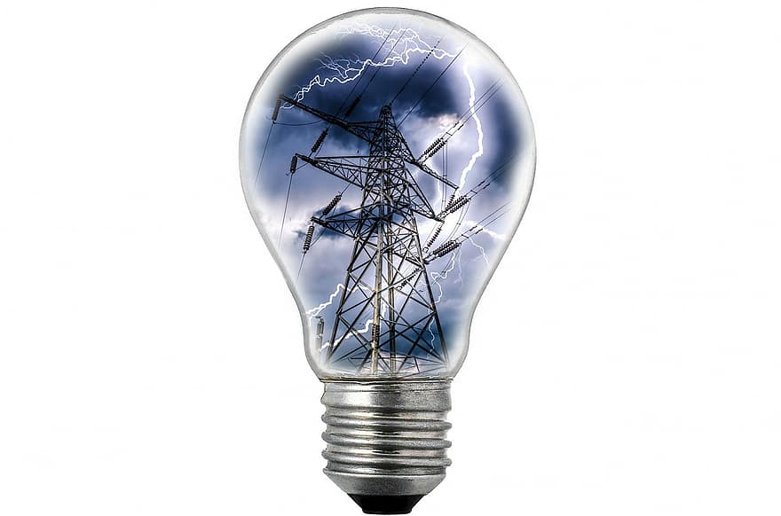 Elektrizität, Birne, Licht, Lampe, Leistung, Konzept, hoch, Nahansicht, isoliert, Wolfram, Turm