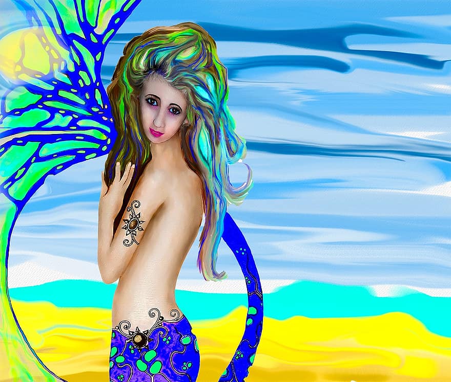 ragazza, arte fantasy, Pittura a sirena, arte di spiaggia, Opere d'arte ad acquerello