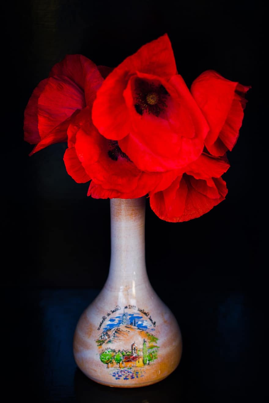 ポピー、フラワーズ、花瓶、赤いケシ、フィールドポピー、赤い花、花びら、咲く、ダーク、装飾的な、装飾