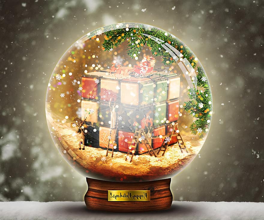 ο κύβος του Ρούμπικ, γυάλινη σφαίρα, Χριστούγεννα, χειμώνας, χιόνι