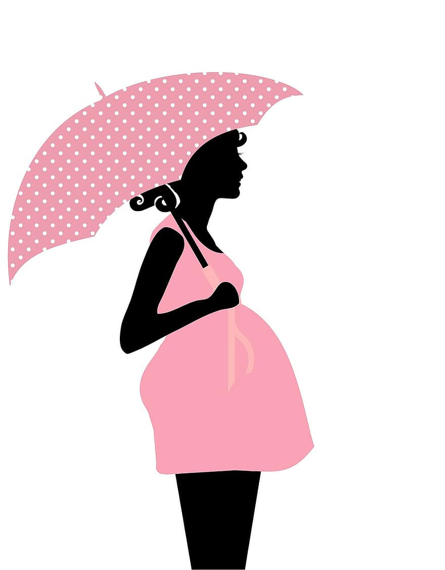 těhotná, žena, ženský, růžový, deštník, puntíky, pěkný, miminko, karta